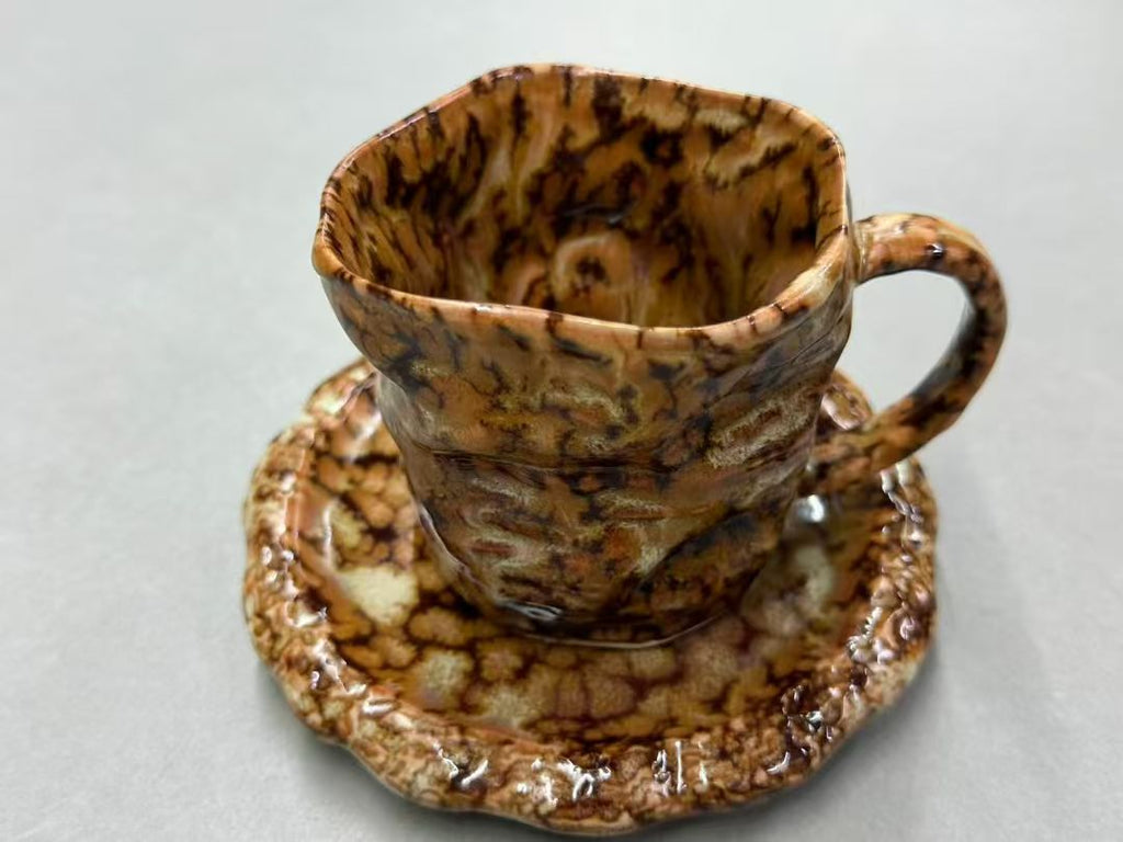 Vintage Cracked Amber Agate Wabi-Sabi Ceramic Mug Set | One-of-a-Kind Hand Crinkled Jingdezhen Cup & Saucer
