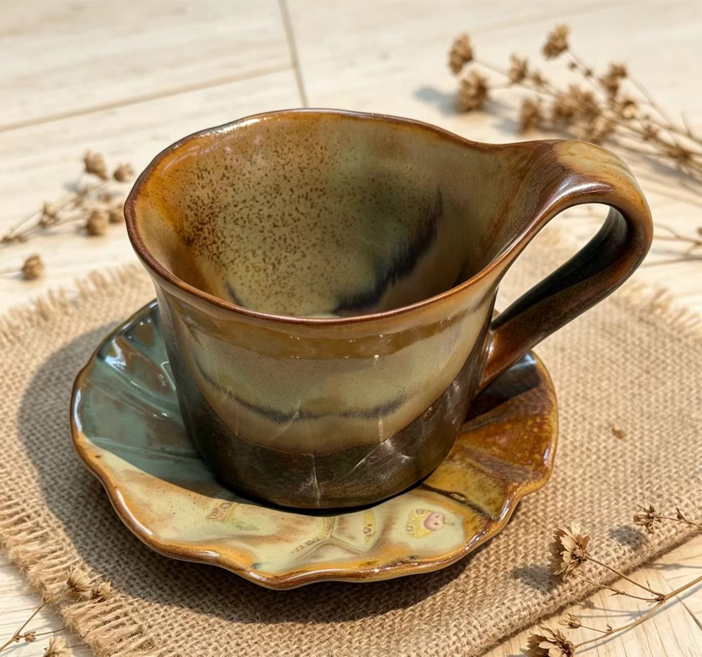Jingdezhen Forest Glow Hand-Thrown Ceramic Mug & Saucer Set